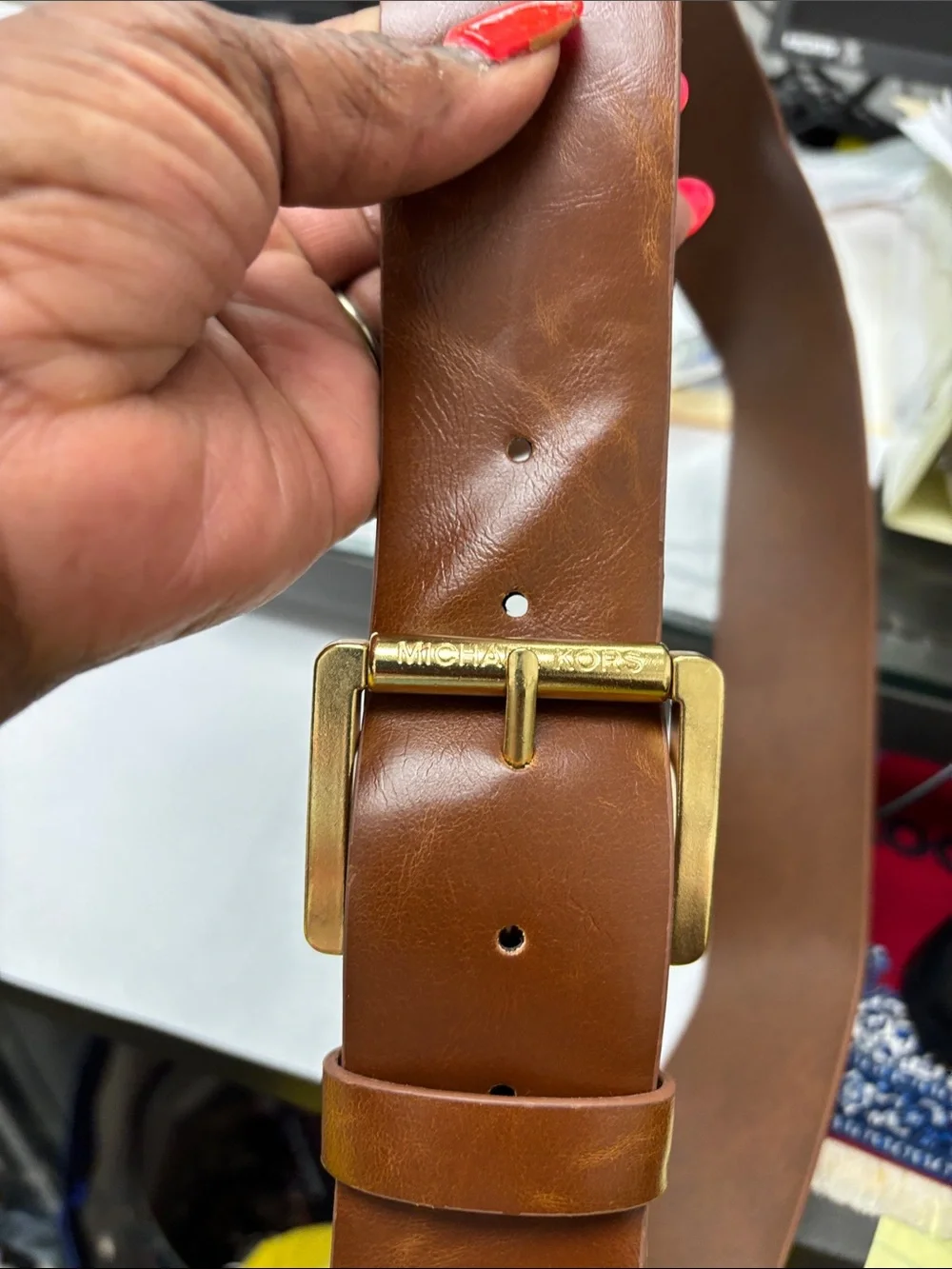 Michael Kors Brown Leather Belt with Gold-Tone Buckle - L 38”, waist 34-38, NWOT